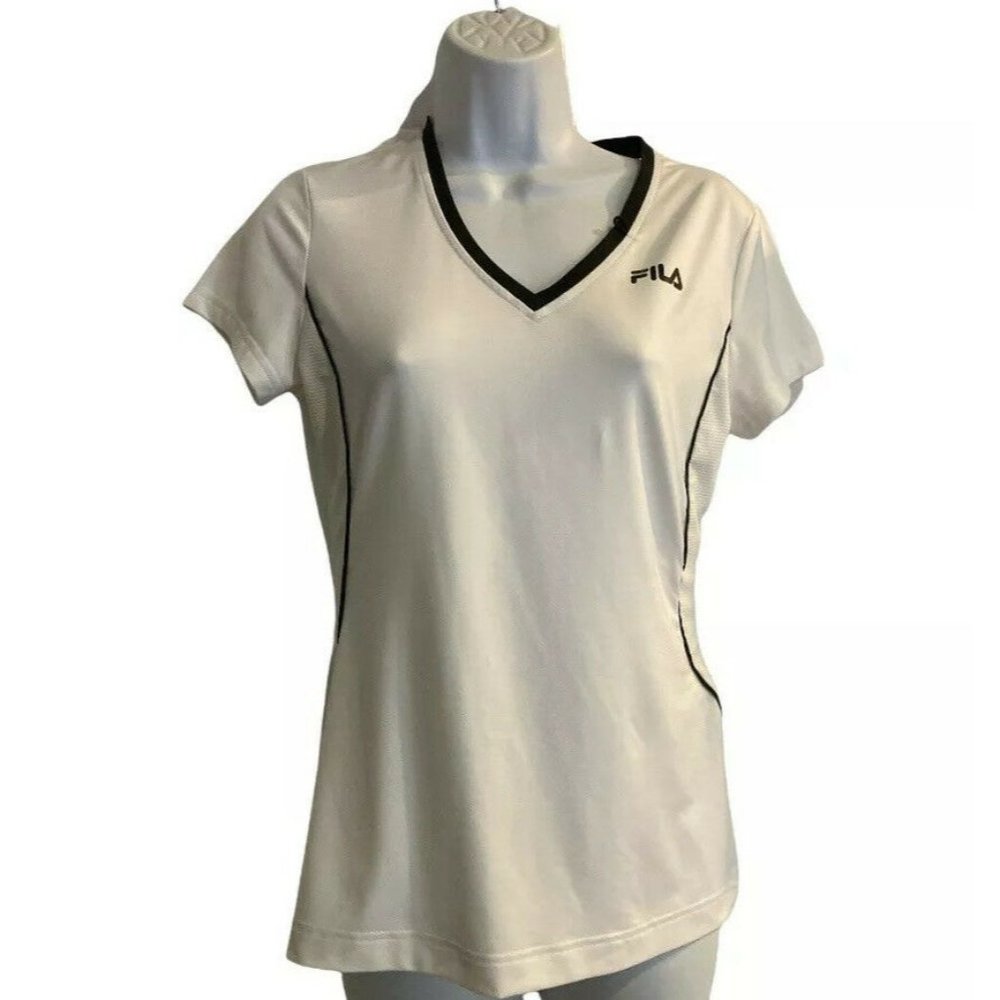 Fila V-Neck T-shirt Short Sleeve Athletic Workout Top Running Size S White Black